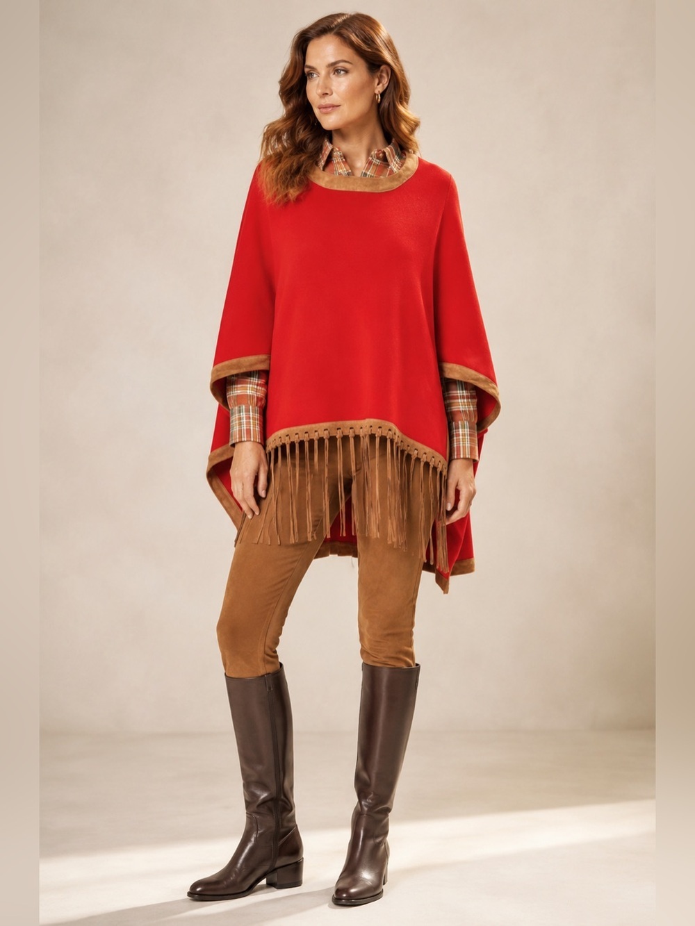 Tyler Boe Cotton Cashmere Blend Fringe Red Poncho Size M/L